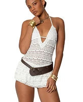 Edikted Womens Lanney Ruffled Sheer Lace Romper