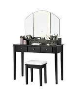 Vanity Table Stool Set with Large Tri-folding Lighted Mirror