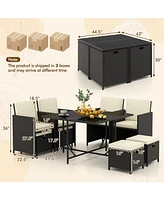 9 Pcs Outdoor Dining Furniture Set with Tempered Glass Table and Ottomans