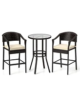 3-Piece Patio Rattan Bar Set with Tempered Glass Top for Backyard Poolside