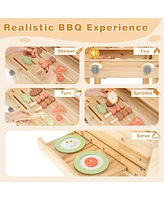 Kids Wooden Barbecue Grill Playset Pretend Kitchen with Food and Wheels