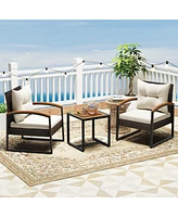 Gymax 3PCS Patio Wicker Furniture Set Pe Wicker Furniture Conversation Set w/ Acacia Wood Table