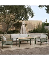 LuxenHome Outdoor Aluminum with Wood-Style Plastic Loveseat Sofa with Cushions and Coffee Table Set