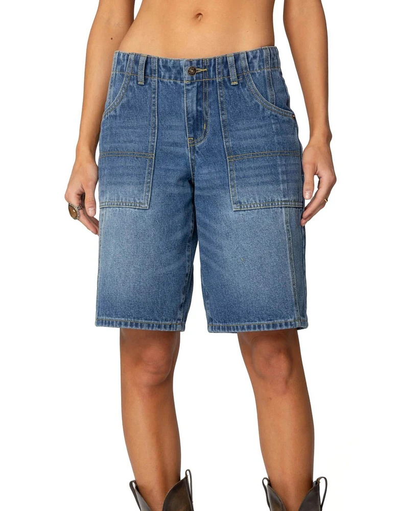 Edikted Womens Tris Low Rise Denim Bermuda Shorts