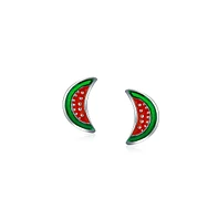 Bling Jewelry Tiny Small Summer Fruit Enamel Red Green Watermelon Stud Earrings .925 Sterling Silver