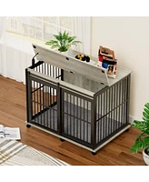 Furniture dog crate sliding iron door dog crate with mat Grey