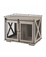 Farmhouse Dog Cage Crate Furniture with Sliding Barn Door Gray