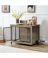 Furniture Style Dog Crate Side Table With Rotatable Feeding Bowl, Wheels, Three Doors, Flip-Up Top Opening. Indoor, Grey