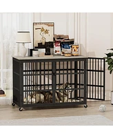 Furniture style dog crate wrought iron frame door with side openings, Rustic Brown