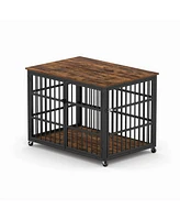 Furniture style dog crate wrought iron frame door with side openings, Rustic Brown