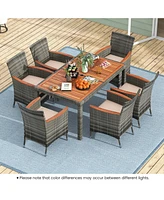 7 Pieces Patio Acacia Wood Cushioned Pe Rattan Wicker Dining Set