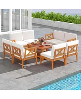 10 Pcs Acacia Wood Patio Furniture Set with Cushions and 2-Tier Coffee Table