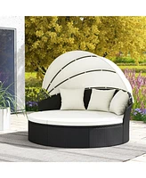 Clamshell Patio Round Daybed Wicker with Retractable Canopy and Pillows