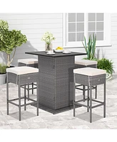 5 Pieces Outdoor Wicker Bar Table Set with Hidden Storage Shelves