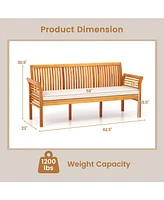 Patio 3-Seat Wood Bench with Soft Seat Cushions