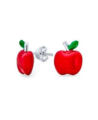 Bling Jewelry Small Teachers Pet Red Enamel Food Fruit Apple Stud Earrings .925 Sterling Silver