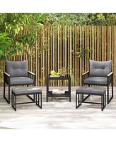 Gymax 5 Piece Patio Conversation Set Pe Rattan Wicker Chairs w/ 2 Ottomans Soft Cushions