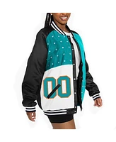 Gameday Couture Women's Black/Aqua Miami Dolphins Oversized Hot Shot Rhinestone Throwback Full-Snap Varsity Bomber Jacket