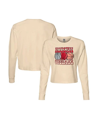 Image One Women's Natural Houston Cougars Comfort Colors Basketball Cropped Long Sleeve T-Shirt