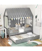 Bed Frame House Bed with Trundle and Tall Roof