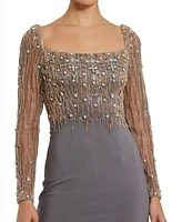 Women's Beaded Square Neck Long Sleeve Jersey Gown