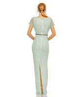 Women's Short Sleeve Beaded V-Neck Gown