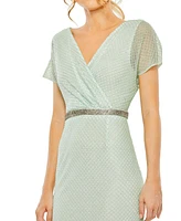 Women's Short Sleeve Beaded V-Neck Gown