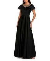 Women's Satin Flutter Sleeve Gown With Neckline Beading