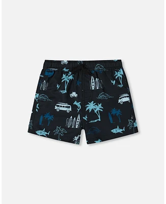 Boy Printed Swim Trunks Light Blue Beach On Black - Toddler|Child