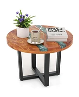 24" Round Teak Wood End Table with Epoxy Resin Tabletop Mahogany Base for Patio