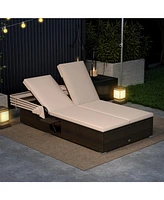 Patio Double Chaise Lounge with Shade Cushions and Folding Side Trays