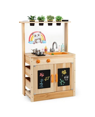 Kids Mud Kitchen Fir Wood Playset with Planting Pots and Blackboards