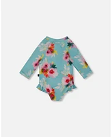 Girl Printed One-Piece Rashguard With Frills Turquoise And Pink Flowers - Toddler|Child