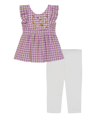 Kids Headquarters Toddler and Little Girls 2-Piece Gingham Apron Tunic Top Capri Legging Set