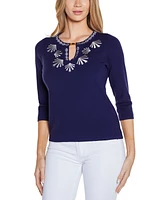 Belldini Women's Black Label Embroidered Split-Neck Sweater
