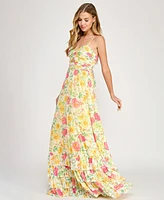 Dear Moon Juniors' Floral Ruched Cutout Gown