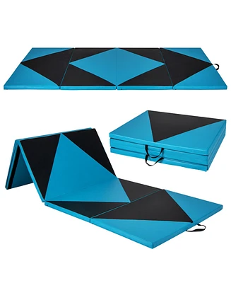 4-Panel Pu Leather Folding Exercise Gym Mat with Hook and Loop Fasteners-Black & Turquoise