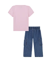 Calvin Klein Toddler and Little Girls 2-Piece Ribbed Square Neck T-Shirt Wide Leg Denim Pant Set