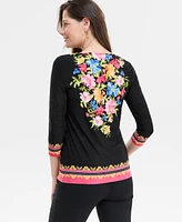 Jm Collection Petite Lisette Bouquet 3/4-Sleeve Jacquard Top, Exclusively at Macy's