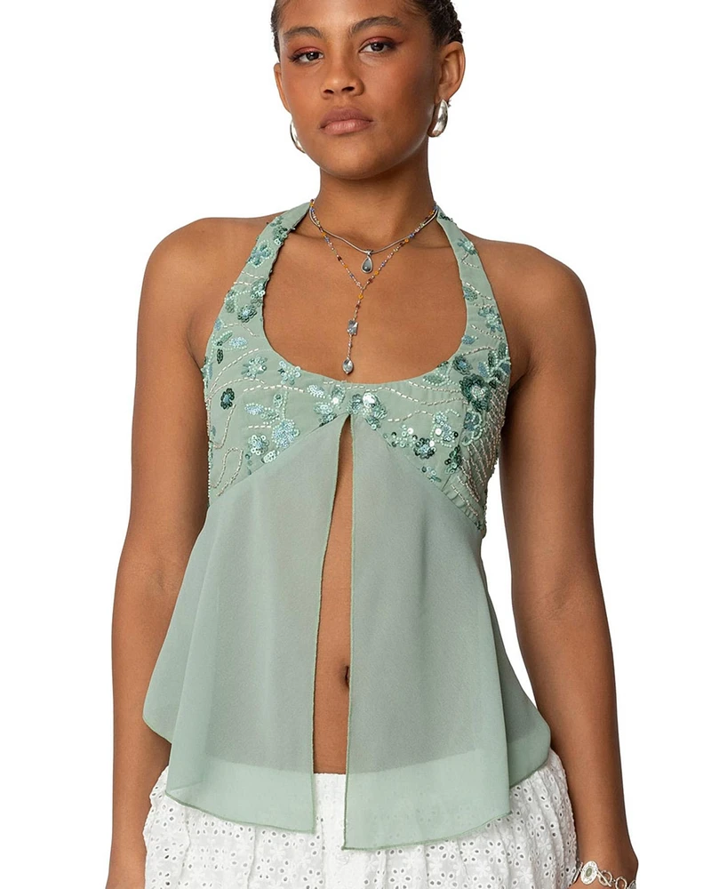 Edikted Womens Sequin Chiffon Split Front Top