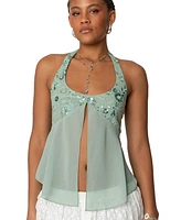 Edikted Womens Sequin Chiffon Split Front Top