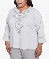 Alfred Dunner Plus Estate of Mind Embroidered Scroll Bell Sleeve Top