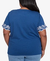 Alfred Dunner Plus Flower Power Border Embroidery T-Shirt with Necklace