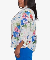 Alfred Dunner Plus Parrot Cay Abstract Watercolor Button Down Collared Top