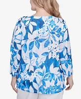 Alfred Dunner Plus Parrot Cay Monotone Cobalt Floral Top