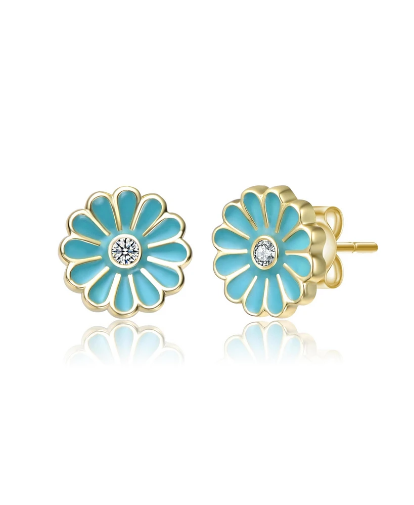 GiGiGirl Sterling Silver 14K Gold Plated with Clear Cubic Zirconia & Blue Enamel Flower Stud Earrings