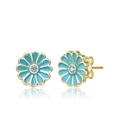 GiGiGirl Sterling Silver 14K Gold Plated with Clear Cubic Zirconia & Blue Enamel Flower Stud Earrings