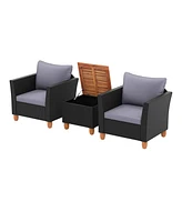 3 Pieces Outdoor Patio Wicker Furniture Set with Cushions and Acacia Wood Coffee Table