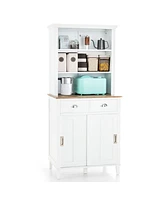 Freestanding Kitchen Pantry with Hutch, Sliding Door, and Drawer Stylish Storage for Kitchen Organization
