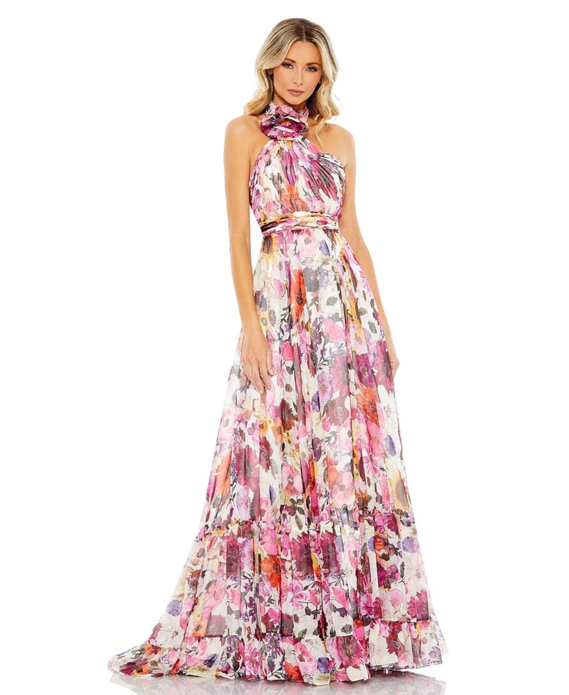 Women's Asymmetrical Ruffled Halter Floral Gown